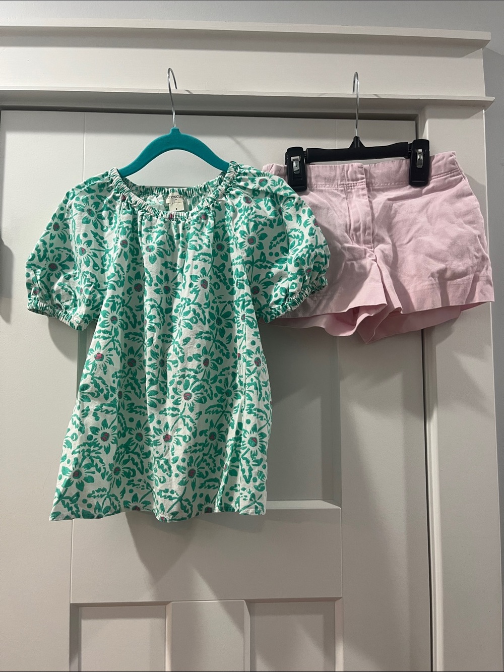 Crewcuts Girls Size 8 Green and Pink Floral Peasant Top with Light Pink Shorts